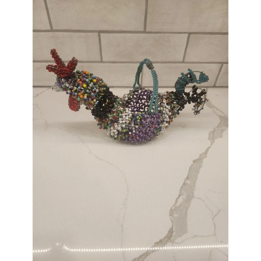 Multicolored Wire Hand Beaded Rooster Basket With Beaded‎ Handle Maker Unknown